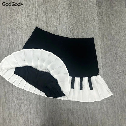 2000s Aesthetic Elegant Women Piano Skirt Stripe Design Y2k Slim Mini Skirt Female Black White Spliced Korea Style Chic Outfits
