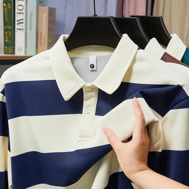 2025 Men's New Striped Long Sleeved Polo Shirt Casual Fashion Autumn Winter Versatile Top