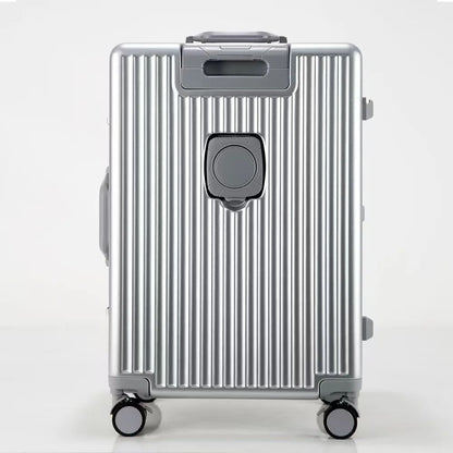 Aluminium Frame Suitcase Front Opening Cabin Luggage with USB Cup Holder Female Trolley Case Male Brake Wheel Travel Suitcase