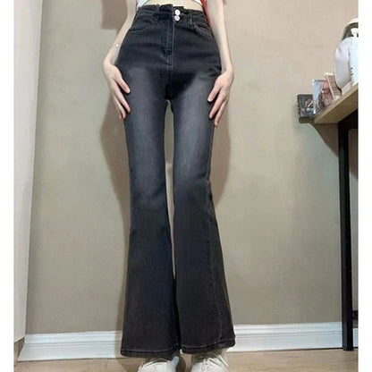 Women Korean Flare Jeans Girls High Waist Elastic Boot Cut Pants Lady Vintage Blue Black Gray Brown Denim Bell Bottom Trousers