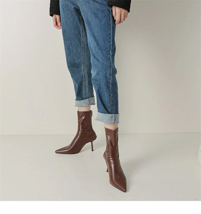2024 New Autumn Winter Pointed Toe Women Ankle Boots Fashion Zipper Shoes Thin High Heel Women's Morder Short Booties D214