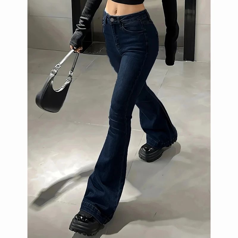 2025 Girls Concise Ins High Waist Flared Jeans Female Stretchy Bootcut Denim Pants Women Solid Color Thin Bell Bottoms Trousers