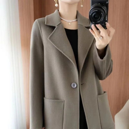 Ladies' Fashionable Woolen Coat Autumn Winter High End Medium Length Leisure Style Woolen Outerwear Pure Color Full Sleeve