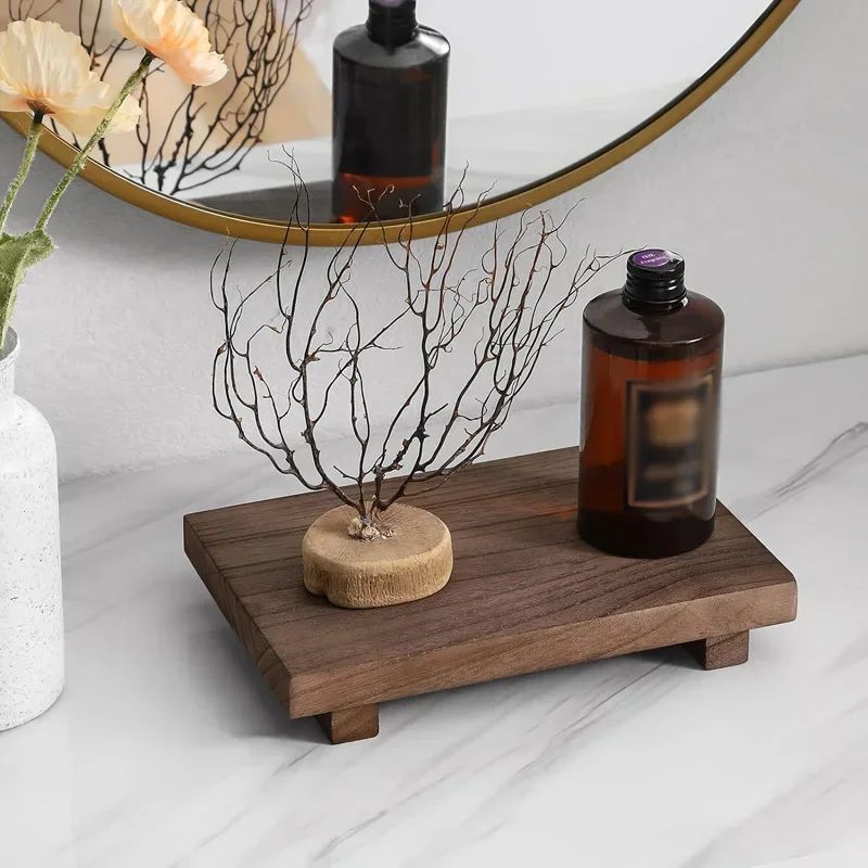 Bandeja de Madeira com Pedestal para Decoração de Banheiro, Organizador de Pia para Sabonete Líquido e Velas Perfumadas, Suporte para Temperos de Cozinha
