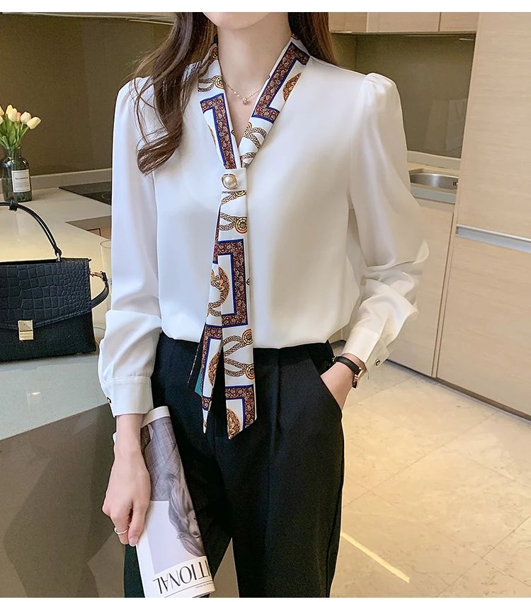 FANAN Elegant Fashion Office Lady Bow Solid Chiffon Shirts Women Clothing New Long Sleeve V-Neck Pullover Top Blouses Female2025