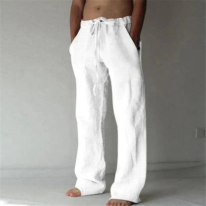 Men's Linen Casual Pants Elastic Waist Beach Pants Lightweight Drawstring Summer Yoga Pants Solid Color Beach Pants
