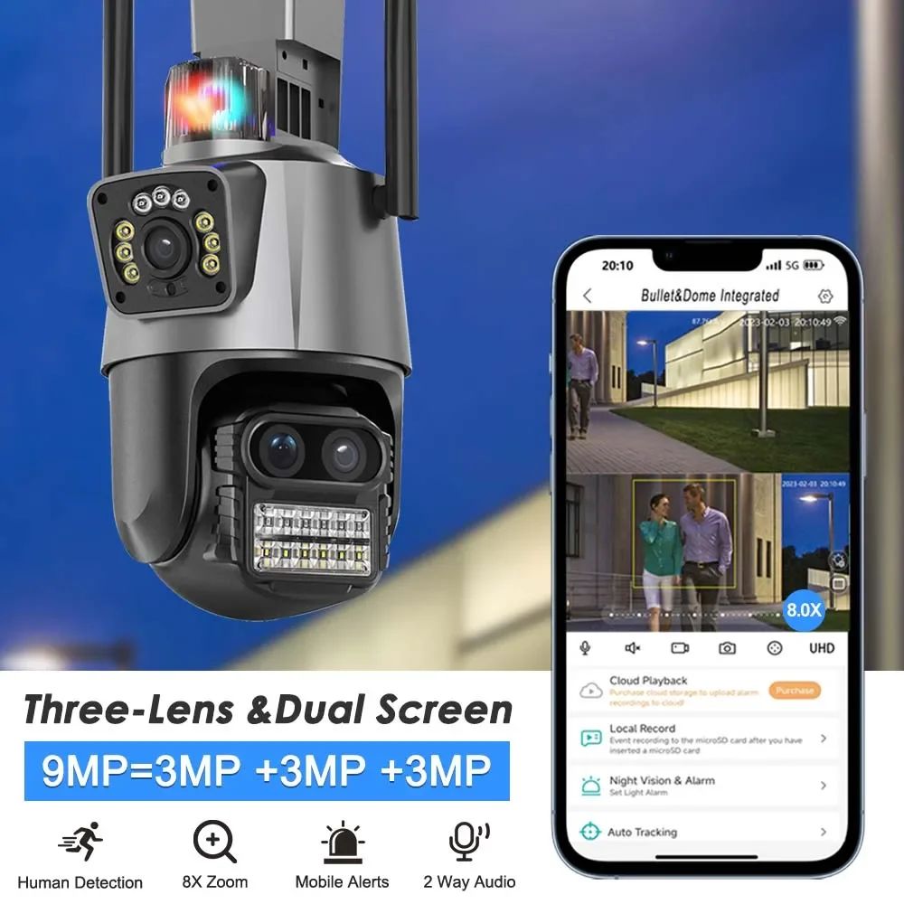 9MP Three Lens Dual Screen PTZ ICsee Alexa NVR Security CCTV WiFi Camera Outdoor8X Zoom Security Camera 4K Video Surveillance