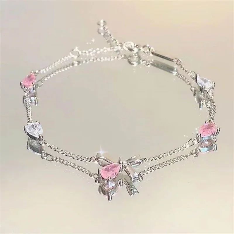 Pulseiras de Flor de Cerejeira de Cristal Rosa Brilhante Para Mulheres Meninas Doces Lua Laço Flores Zircônia Pulseira Festa Estética Joias Egirl