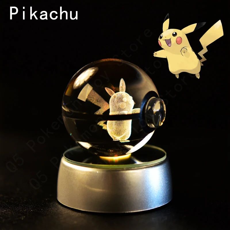 Esfera de Cristal 3D Pokémon 7CM 5CM Mewtwo Pikachu Gengar Bola de Cristal de Vidro Pokémon Pokebola Luminária Noturna LED com Base de Presente