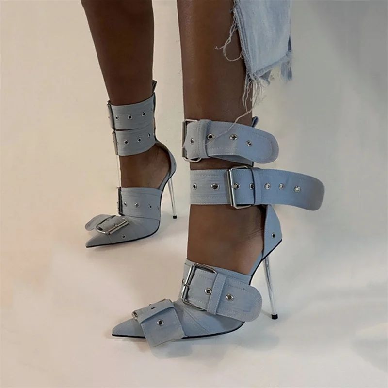 Denim Metal Rivet Buckle Silver Sandals Women's Sexy Punk Style Pointed Metal Hollow 12cm High Heels Size 34-43 Womens Shoes