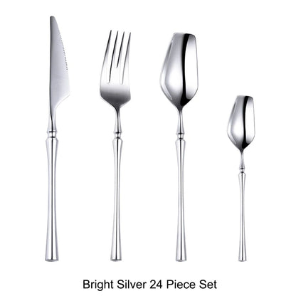 Conjunto de Talheres 24 Peças Aço Inox Fosco Preto Dourado Jogo de Talheres de Mesa Faca Colher Garfo Lavável em Lava-louças