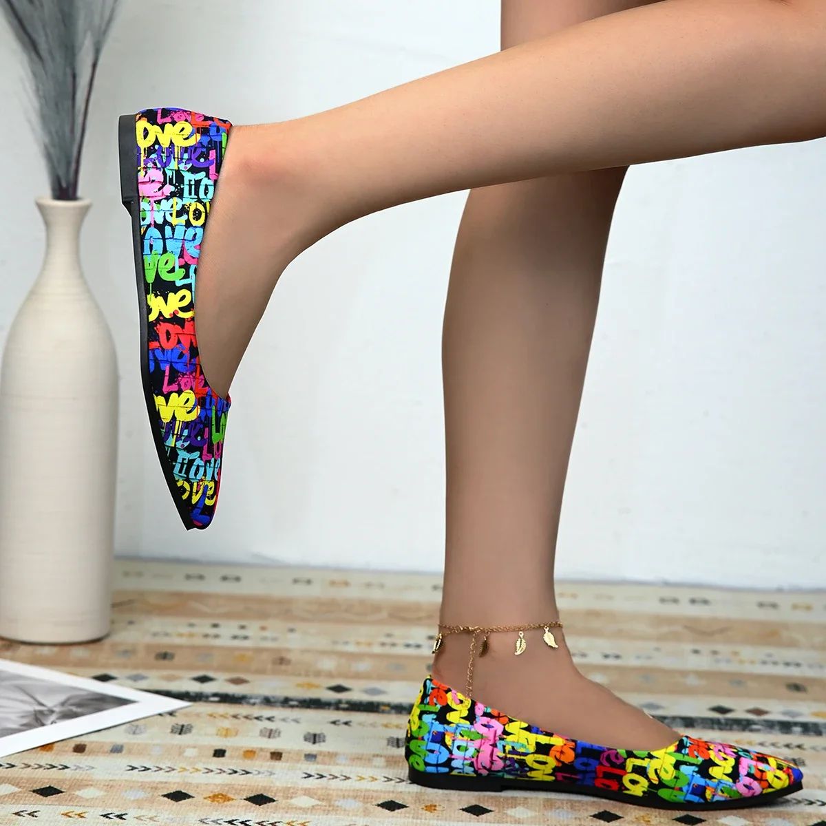 Women's Shoes Loafers Ballet Flats Pointed Toe Barefoot Slip-on Casual Flat Heel Comfortable Random Pattern Woman Shoe Size 43