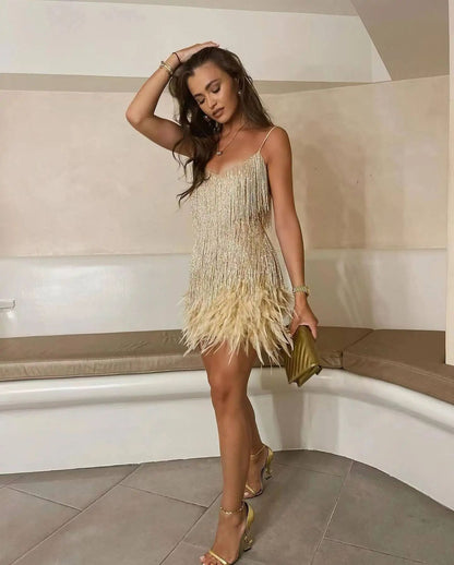 2024 Summer New Fashionable Framed Sequins Feather Patchwork Dress Colorful Amazon Direct Sales Women's Sleeveless Dress