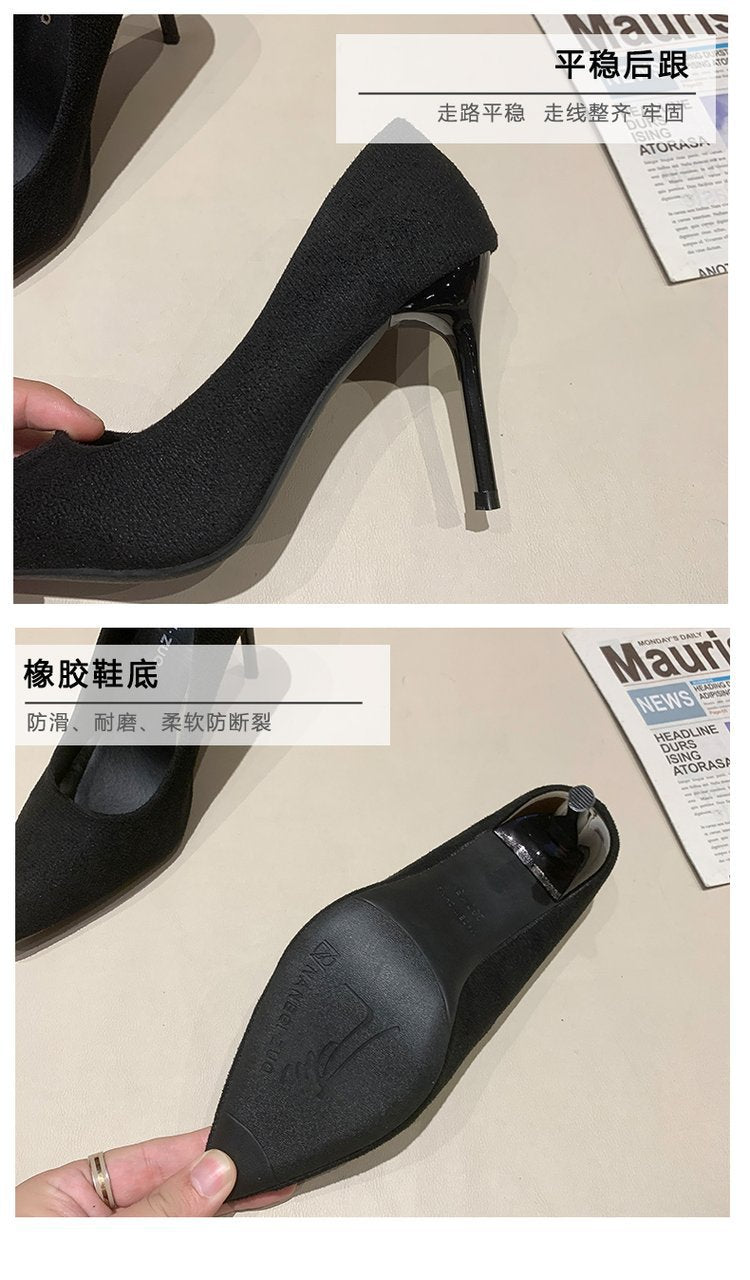 High Heels Women's New Women's Shoes Pointed Shallow Mouth Single Shoes Fine Heel Suede Black Fashion Shoes Women Large Size