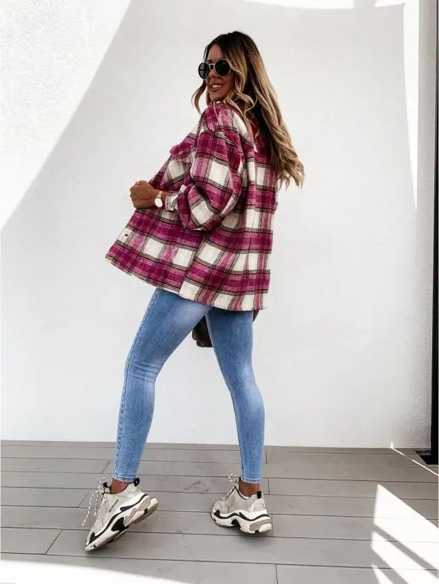 Warm Plaid Long Sleeve Shirt Jacket Autumn Winter Women's Polo Collar Patchwork Decorative Button Detailing Chinese Origin