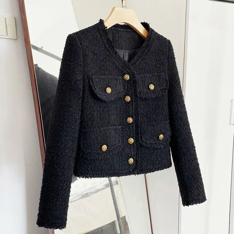 Blacktweed Style Cropped Jacket 2024 New Spring Autumn Thin Elegant Socialite Long Sleeve Topins Thin Regular Crew Neck Jacket