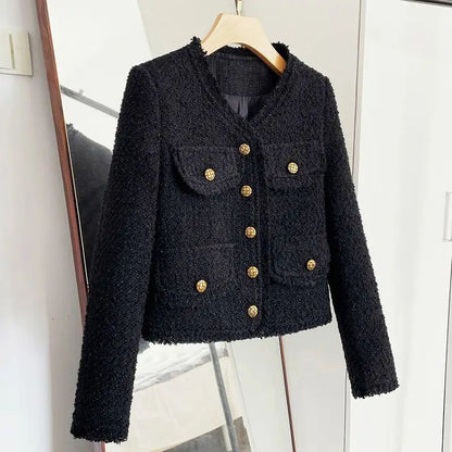 Blacktweed Style Cropped Jacket 2024 New Spring Autumn Thin Elegant Socialite Long Sleeve Topins Thin Regular Crew Neck Jacket