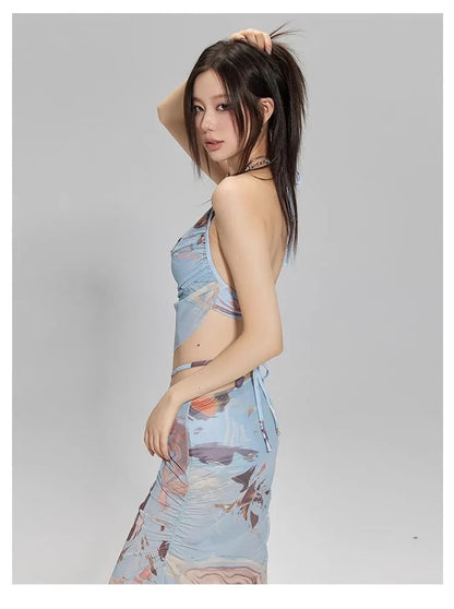 2024 New Three-Piece Bikini Set Beach Vacation Hot Spring Trip Slimming Long Skirt Separate Swimsuit Meat Concealing Photography