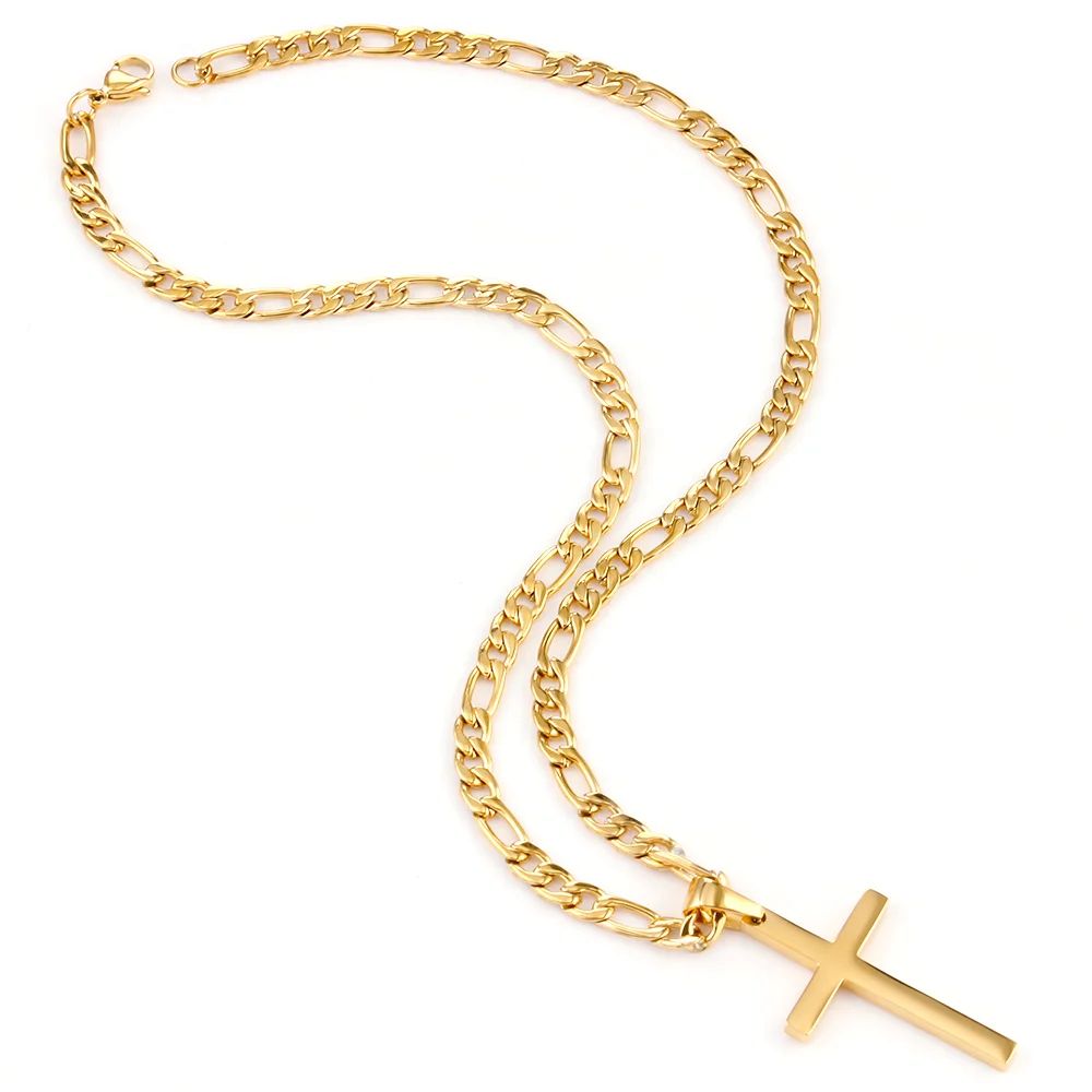 Colar de Aço Inoxidável 316L com Corrente Figaro para Homens e Mulheres, Pingente de Cruz Dourado/Prateado, Colares à Prova D'água, Joias da Moda