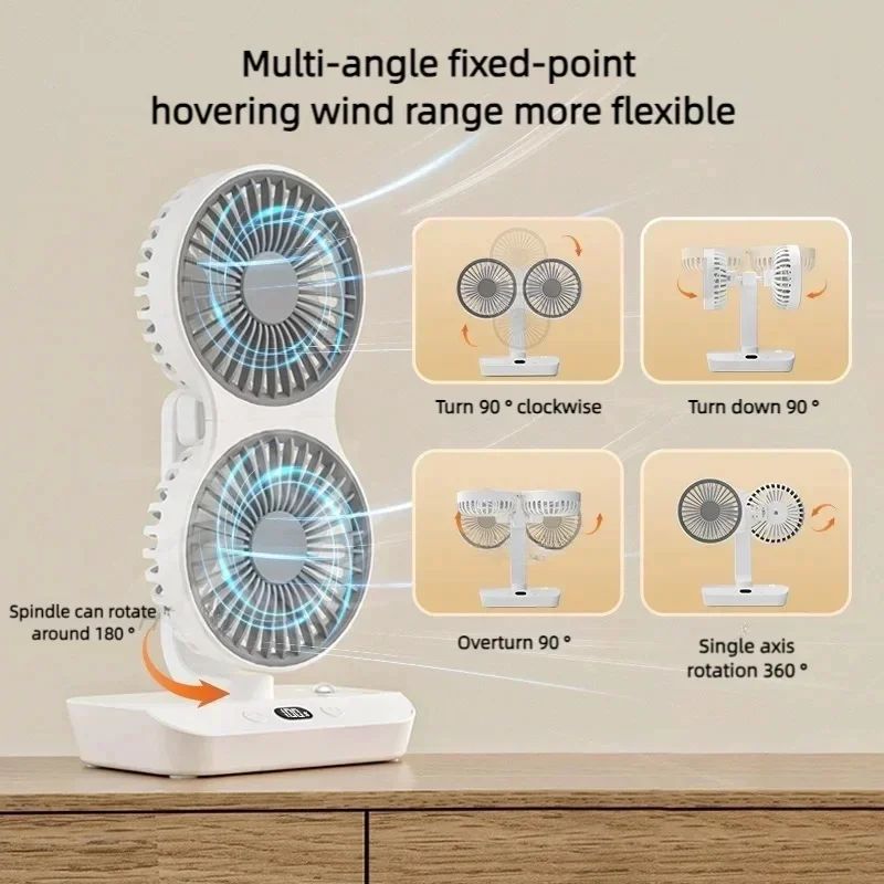 Multi Function Double Head Shaking Fan with 4 Gears Adjustable Speed HD Digital Display Night Lights Portable Cooling Fan