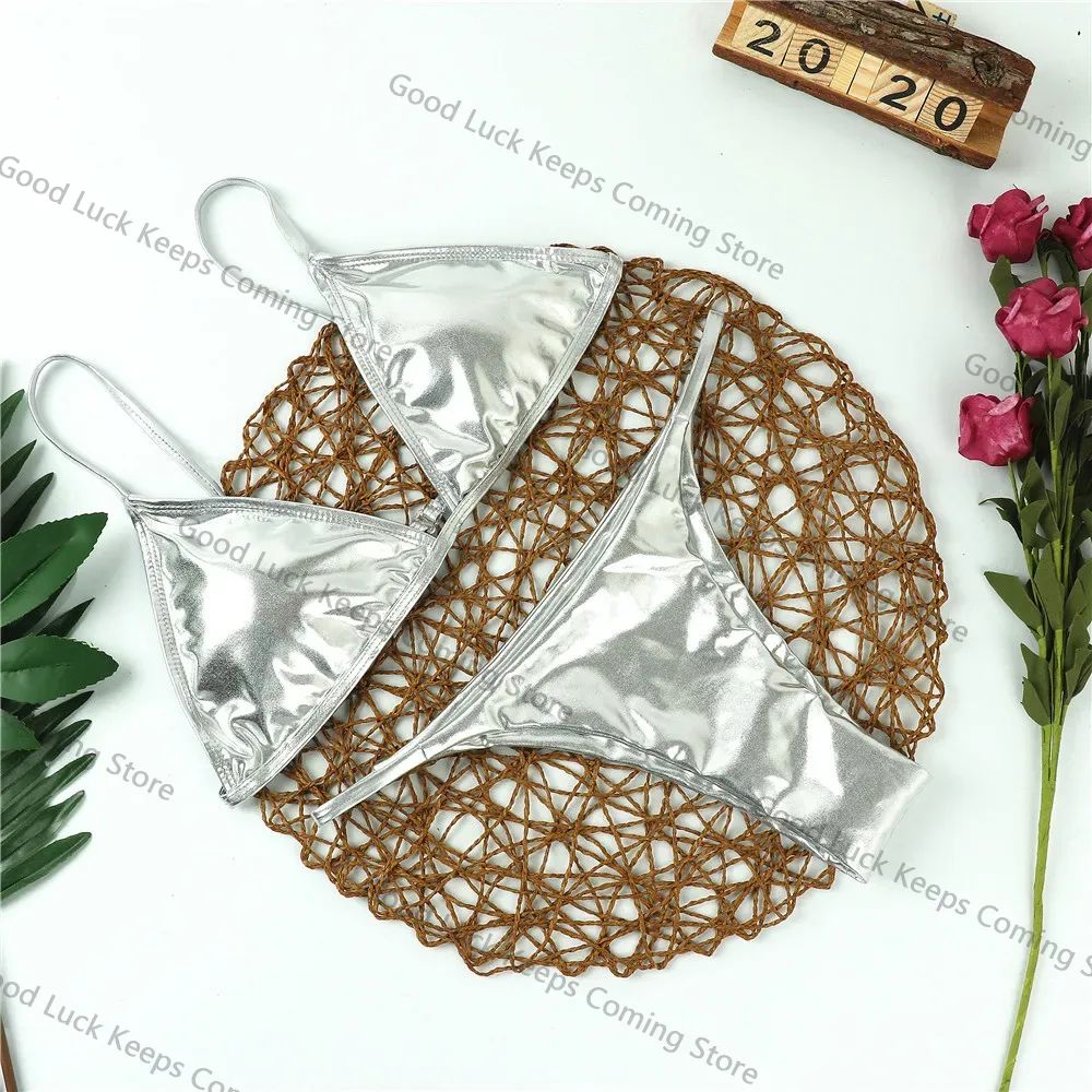 Women Sexy Thong Bikini Set Silver Gold Sequinis Biquini Swimwear 2025 Summer Push Up Padded Bra Bathing Suit Beach Wear