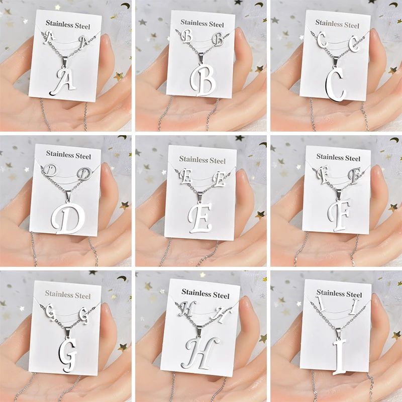 Conjunto Feminino de Colar e Brincos de Aço Inoxidável com Letra Inicial do Alfabeto A-Z - Joias Personalizadas de 26 Letras Inglesas - Presente