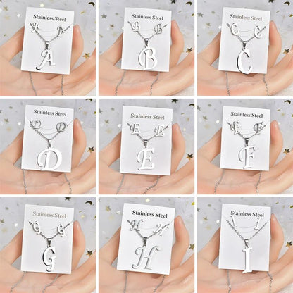 Conjunto Feminino de Colar e Brincos de Aço Inoxidável com Letra Inicial do Alfabeto A-Z - Joias Personalizadas de 26 Letras Inglesas - Presente