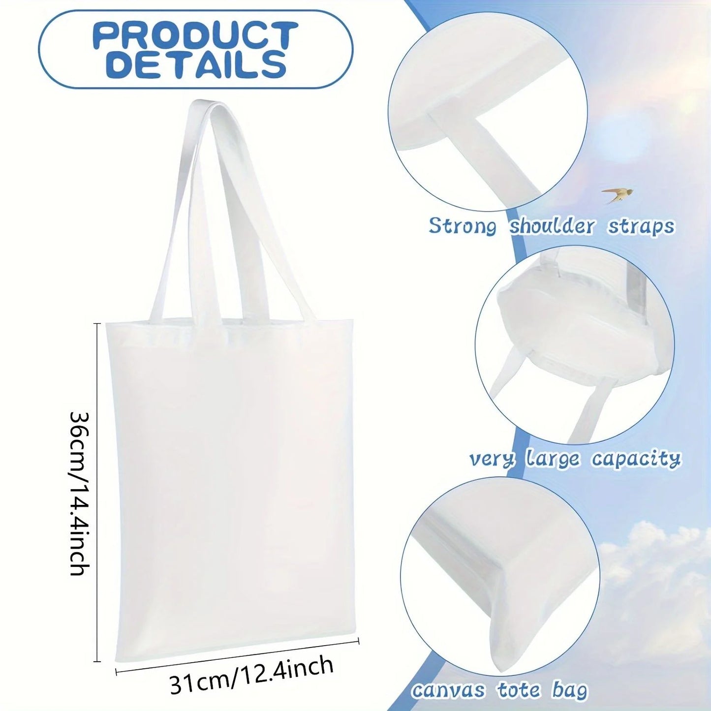 Pacote com 6 Sacolas Reutilizáveis em Branco para DIY - Laváveis, Ideais para Projetos de Transferência de Calor/Sublimação, Compras e Afazeres