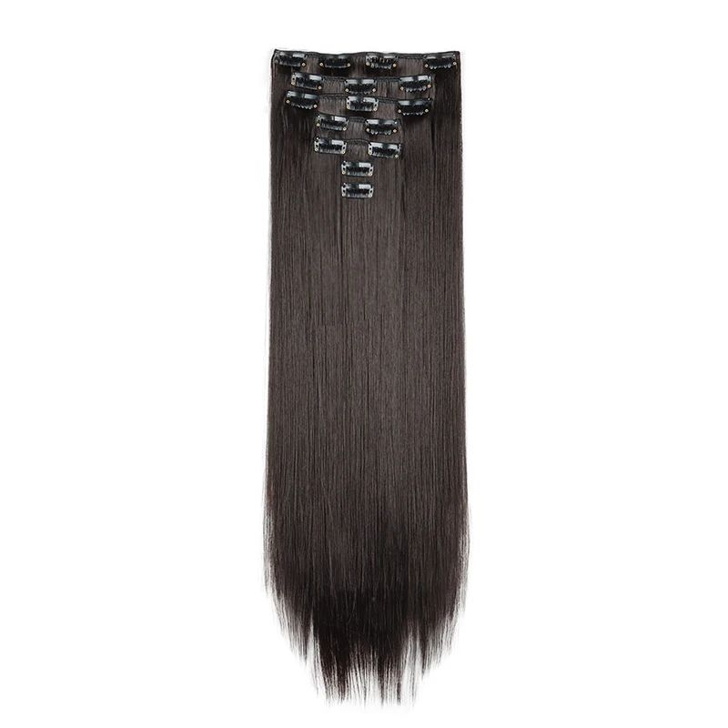 Extensão de cabelo liso longo sintético de 24 polegadas 7pçs/conjunto 16 clipes Penteado Preto Loiro Peruca para mulheres 2026