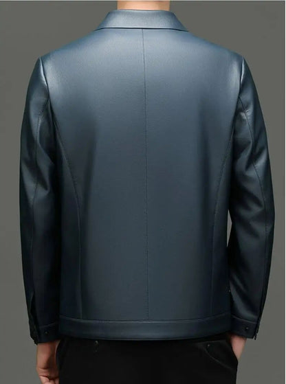 2025 Fall And Winter Models Men's Jacket Lapel Business Casual PU Leather Jacket Thin Thick Black Lake Blue