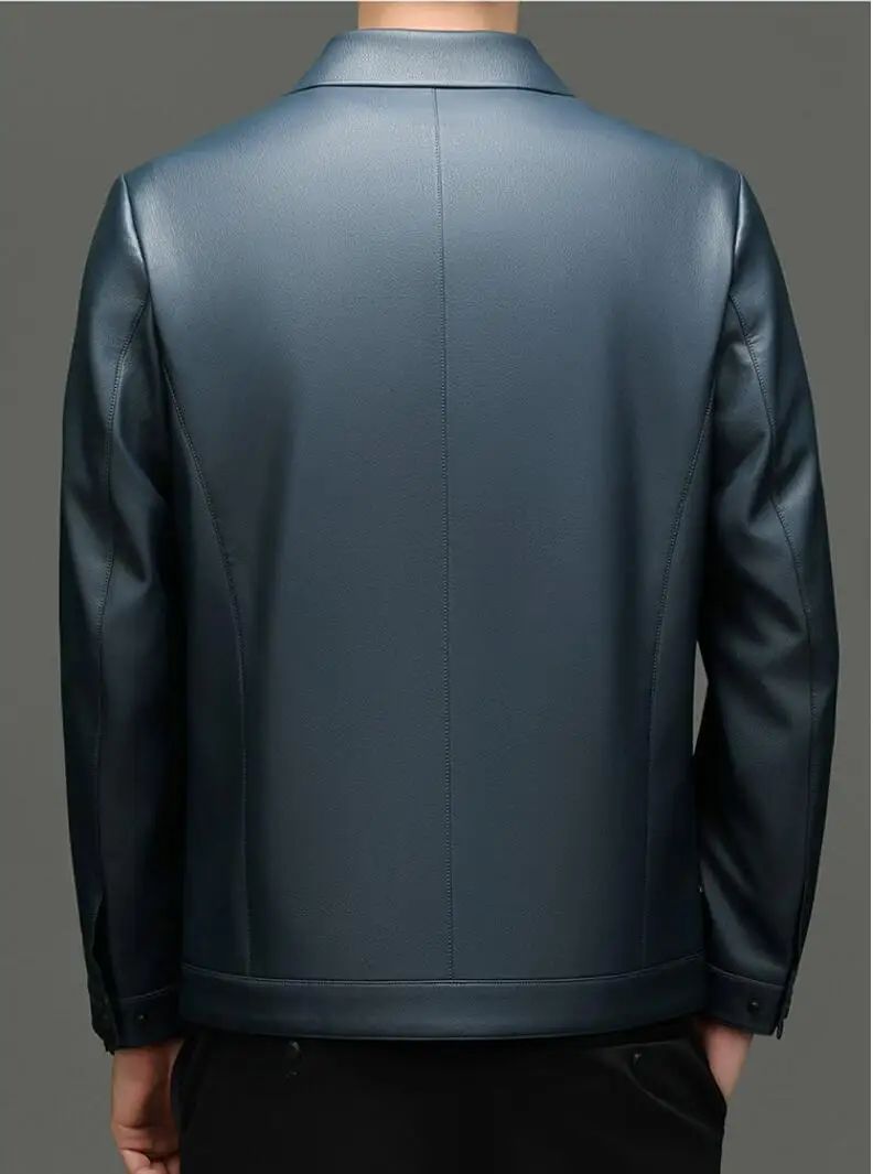 2025 Fall And Winter Models Men's Jacket Lapel Business Casual PU Leather Jacket Thin Thick Black Lake Blue