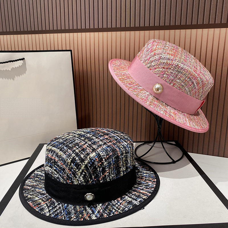 Chapéu jacquard estilo socialite europeia delicado e elegante com pérolas, chapéu de tweed rosa, chapéu de festa feminino da moda