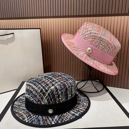 Chapéu jacquard estilo socialite europeia delicado e elegante com pérolas, chapéu de tweed rosa, chapéu de festa feminino da moda
