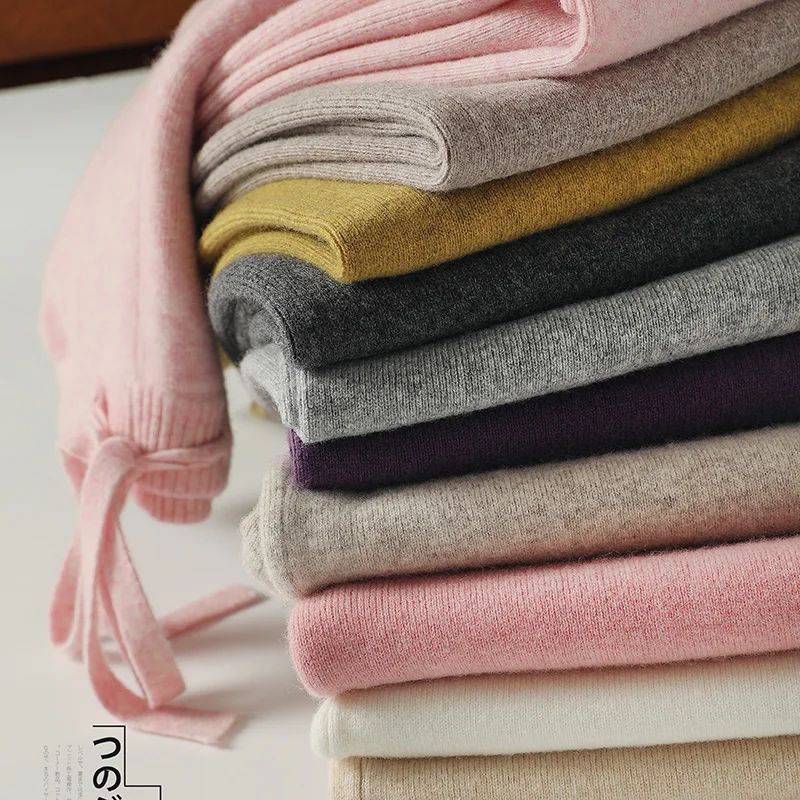 Spring Autumn Women High Waist Wool Wide Leg Pants Solid Soft Warm 100% Merino Wool Knitted Trousers Belt Casual Korean Fashion