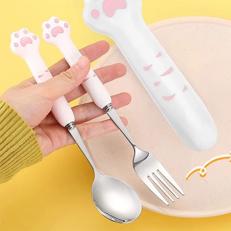 Conjunto de Talheres de Pata de Gato Fofa Garfo e Colher de Aço Inoxidável com Caixa de Armazenamento Louça Talheres Prata Acessórios para Almoço Bento