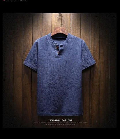 Men's Summer Loose-fit Short Sleeve Linen T-shirt Cotton Linen Body Solid Color Breathable V-neck Thin Top