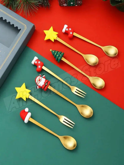 Christmas Cutlery Set Elk Dessert Scoop Fruit Fork Coffee Spoon Stainless Steel Dessert Fork 4/6PCS Christmas Spoons Fork Set