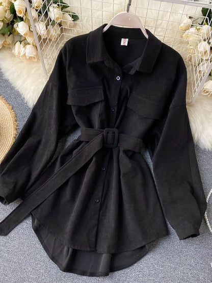 Women Spring Autumn Shirts Retro Cargo Style Pockets Long-Sleeved Shirt Puff Sleeve Bandage Nipped Waist Tops Female PL438