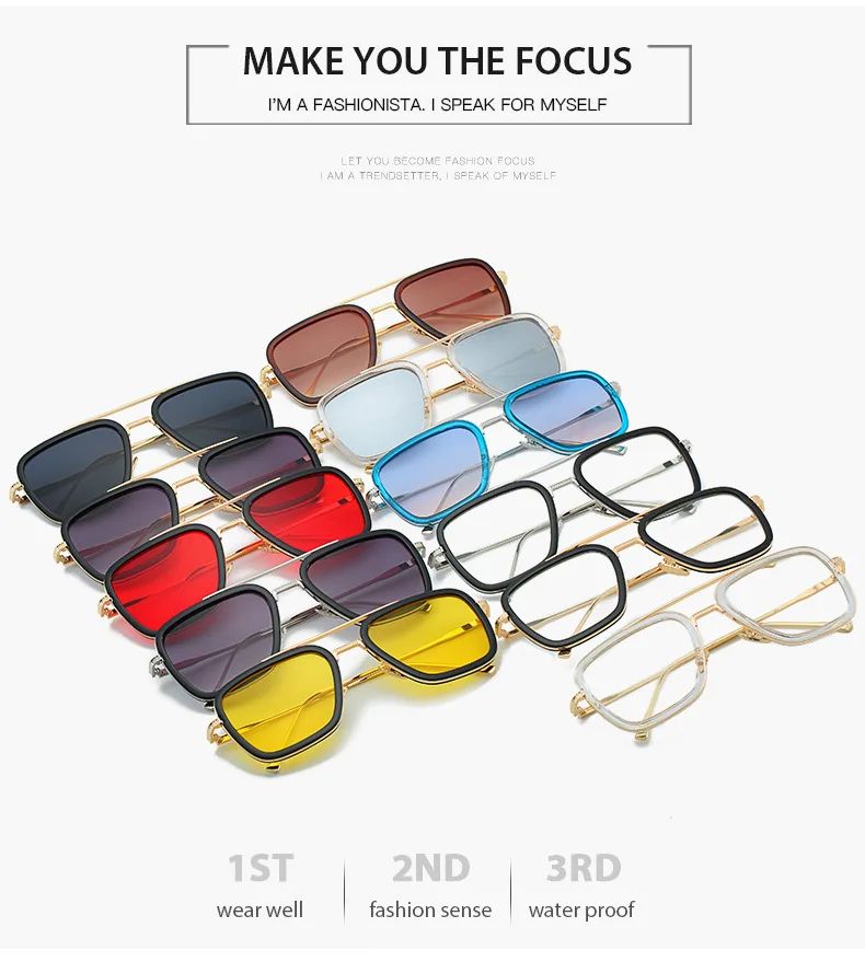 Óculos de Sol da Moda Armação Quadrada Estilo Tony Stark Óculos de Sol Feminino Masculino Quadrado Grife Óculos Retrô Masculino Iron