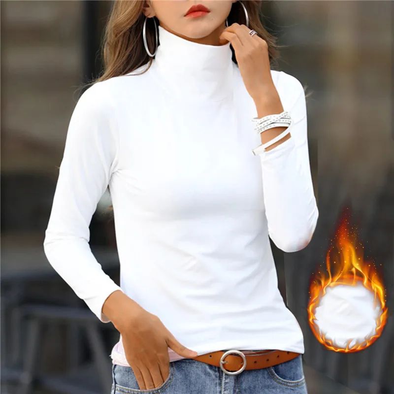 Women Thermal Underwear Winter Turtleneck Bottom Shirt Solid Semi High Collar Long Sleeve Basic T-Shirt Heating Fiber Pullovers
