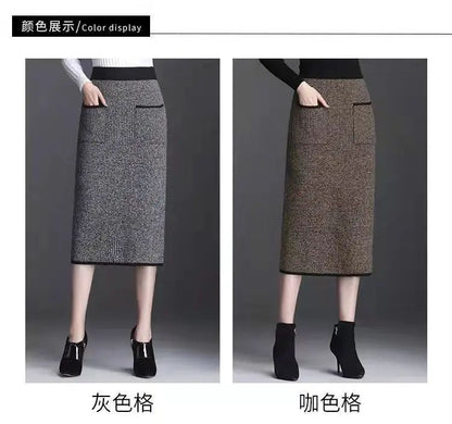 New Style Gold Mink Cashmere Elastic High Waist Office Lady Knee-length Skirts Solid Split Fork Hip Wrap Skirt High Elasticity