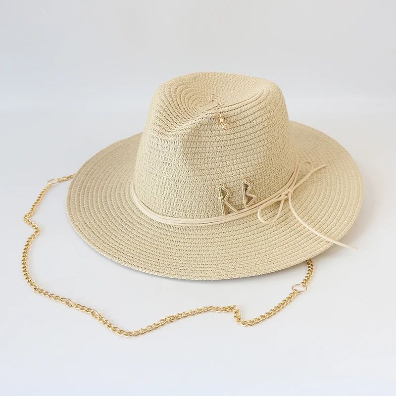 Chapéu de Sol de Verão Grande Proteção Solar Chapéus Femininos de Praia de Palha da Moda Chapéu Panamá de Grama de Luxo Feminino 60cm para Cabeça Grande