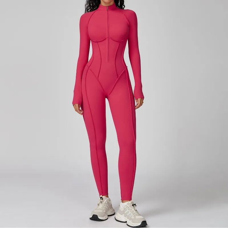 Women's Yoga Jumpsuit Long Sleeved Stand Collar Half Zip High-Intensity Workout One Piece Contrast Color Gym Fitness BodySuit