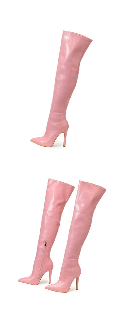 Aneikeh White Sexy Over-the-Knee Side Zipper Slip-On Pointed Toe Shoes NEW Fashion Striped Thin Heels Ladies Boots 2025 Spring