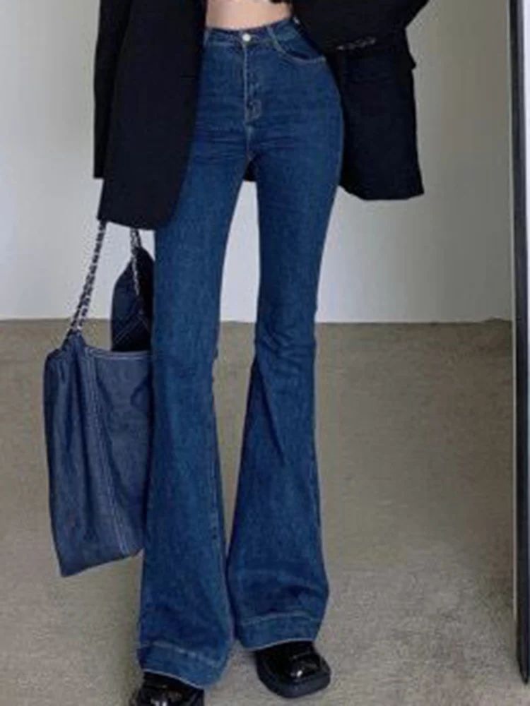 Women Korean Flare Jeans Girls High Waist Elastic Boot Cut Pants Lady Vintage Blue Black Gray Brown Denim Bell Bottom Trousers