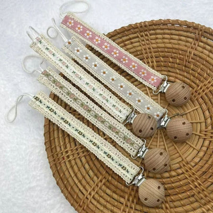 Wooden Baby Pacifier Chain Cute Flower Print Dummy Nipple Holder Guard Teether Pendant Baby Accessories