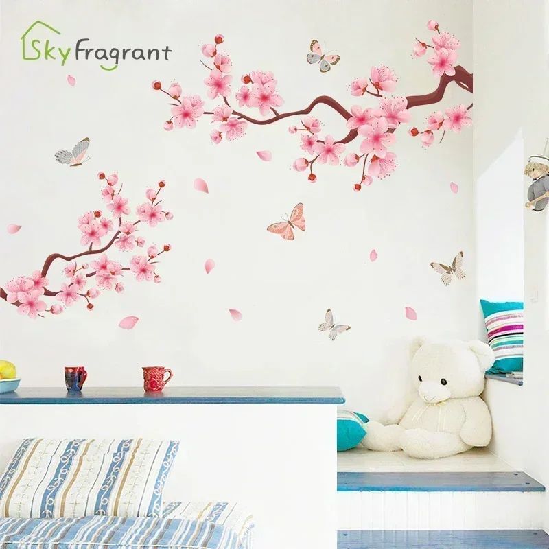Ink Wall Stickers Wash Peach Blossom For Living Room Bedroom Home Flower Background Wall Decor Self-adhesive Sticker Wallpaper
