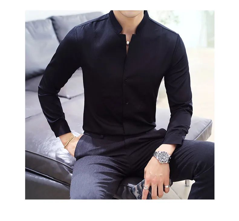 Black Men Long Sleeve Shirt, White Single Breasted Collar Stretch Shirts, Red Fashion Slim Top,Asian Size M-5XL(Korean Slim Fit)