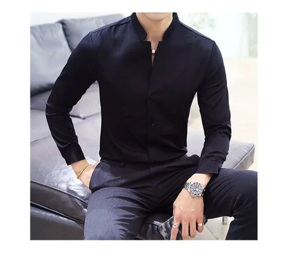 Black Men Long Sleeve Shirt, White Single Breasted Collar Stretch Shirts, Red Fashion Slim Top,Asian Size M-5XL(Korean Slim Fit)