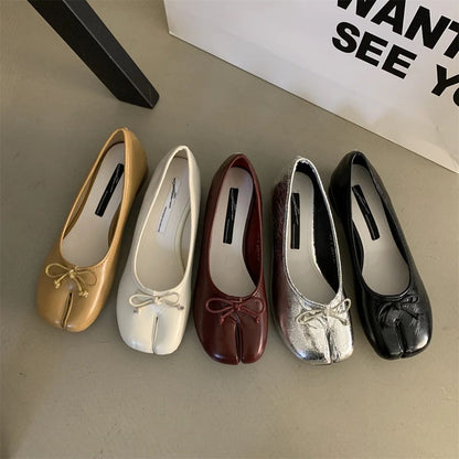 Tabi Shoes Ballet Falts Leather Ballerina Shoes For Women Split Toe Flats Tabi Shoes Slip On Soft Bottom Moccasins with Bowknot